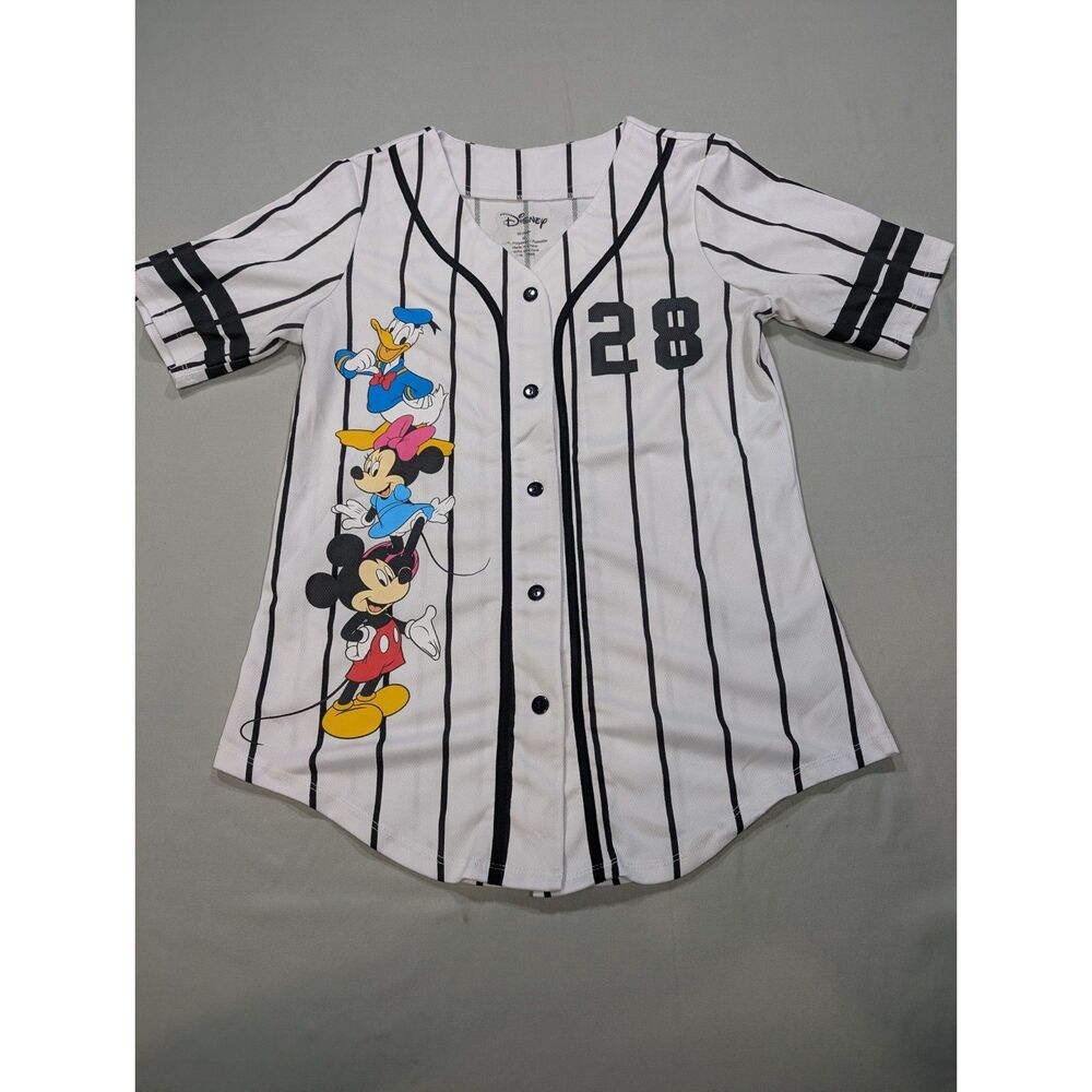 Disney Women’s XL Mickey Minnie Donald Baseball Jersey White Black #28